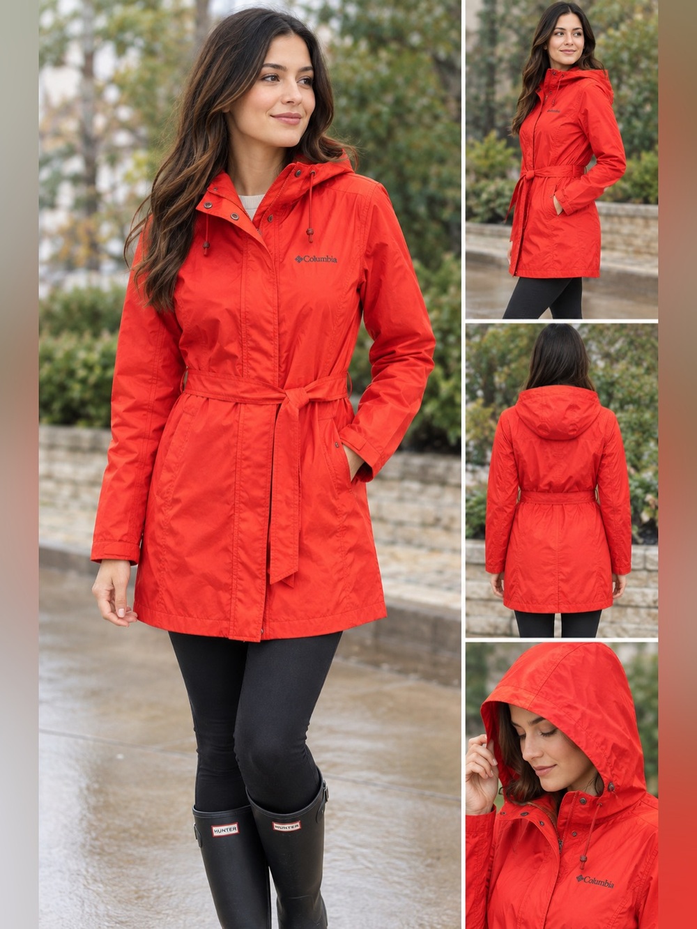 ✨ Columbia Women’s Long Rain Jacket Trench Coat Red Hooded Size M